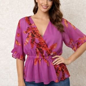 Women's Floral Top Size Medium Fairy Faux Wrap Romantic